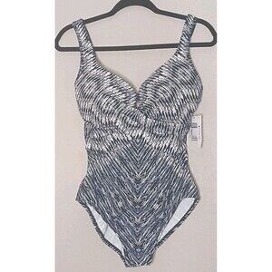 MIRACLESUIT Sz 14 One Piece Silver Shores Print Midnight Blue & Metallic $200
